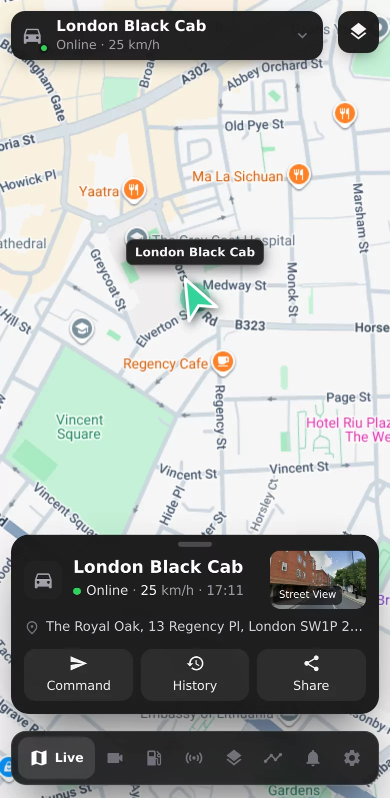 The branded fleet app showing a vehicle live