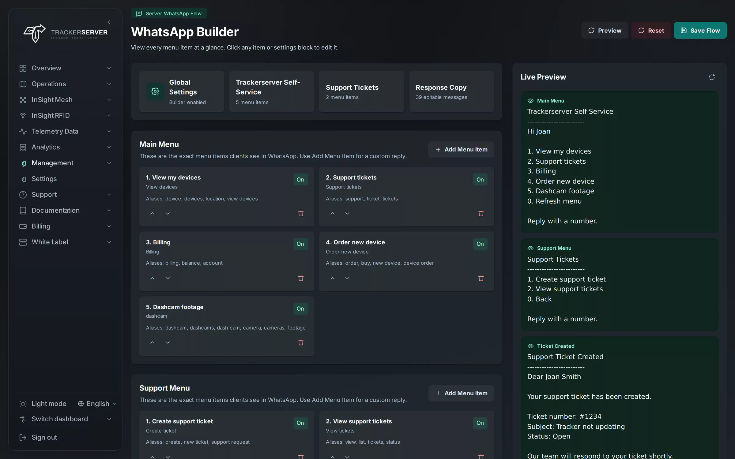 The WhatsApp menu builder with a live preview